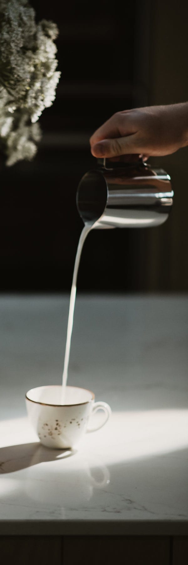 Milk poured from a steel jug into a cup on a sunlit marble worktop, white flowers in shadow behind.