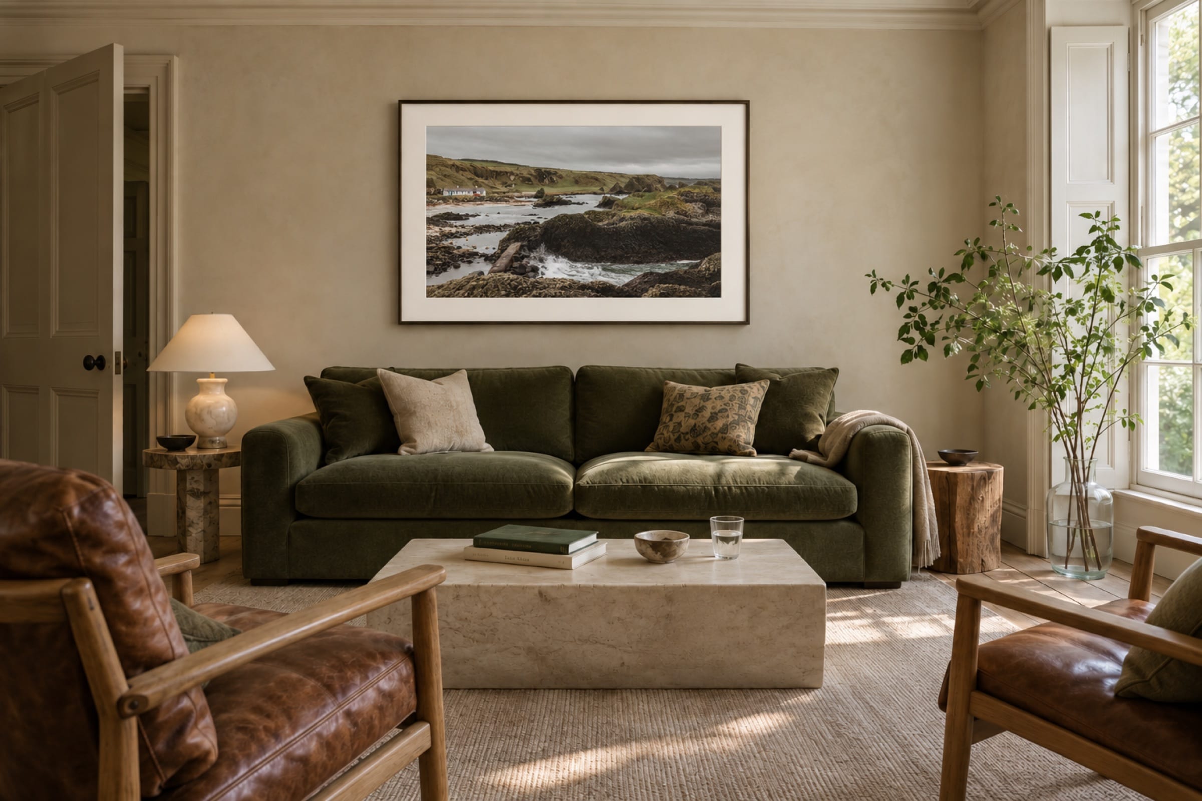 A framed print of the rocky coast hanging above a deep green sofa in a pale sitting room, with leather chairs, a stone coffee table and a window to the right.