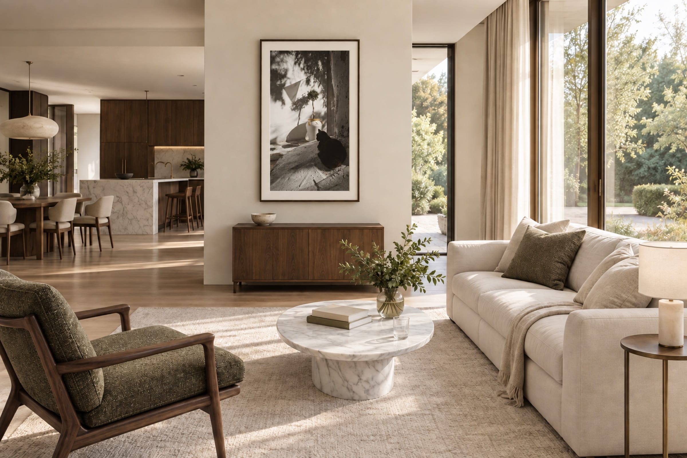 A framed print of the olive tree hanging above a walnut sideboard in an open-plan room, with a dining table beyond and garden doors to the right.