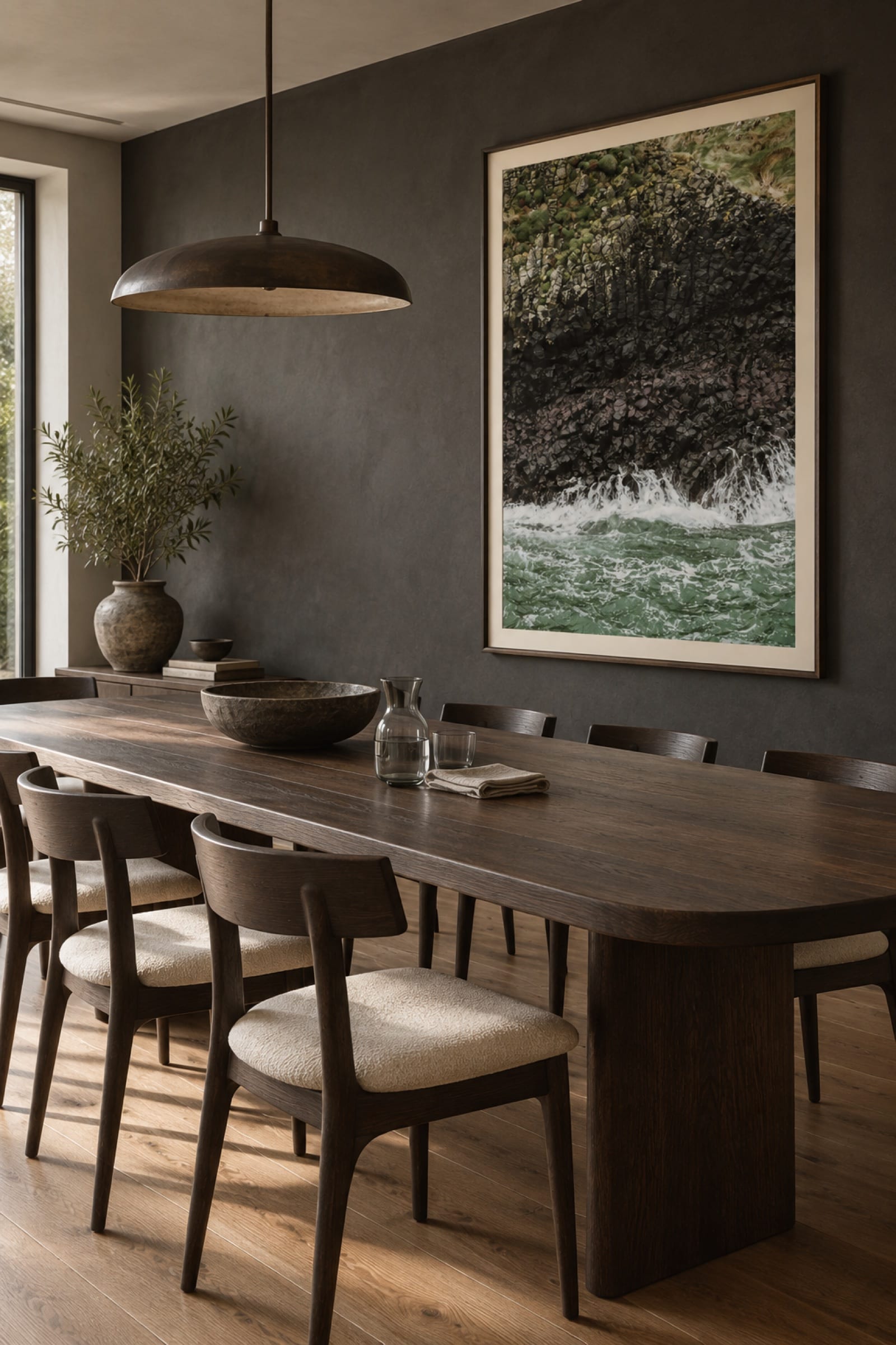 A large framed print of basalt columns and breaking surf on a dark wall above a long oak dining table, with a low pendant lamp and an olive tree in a stoneware vase.