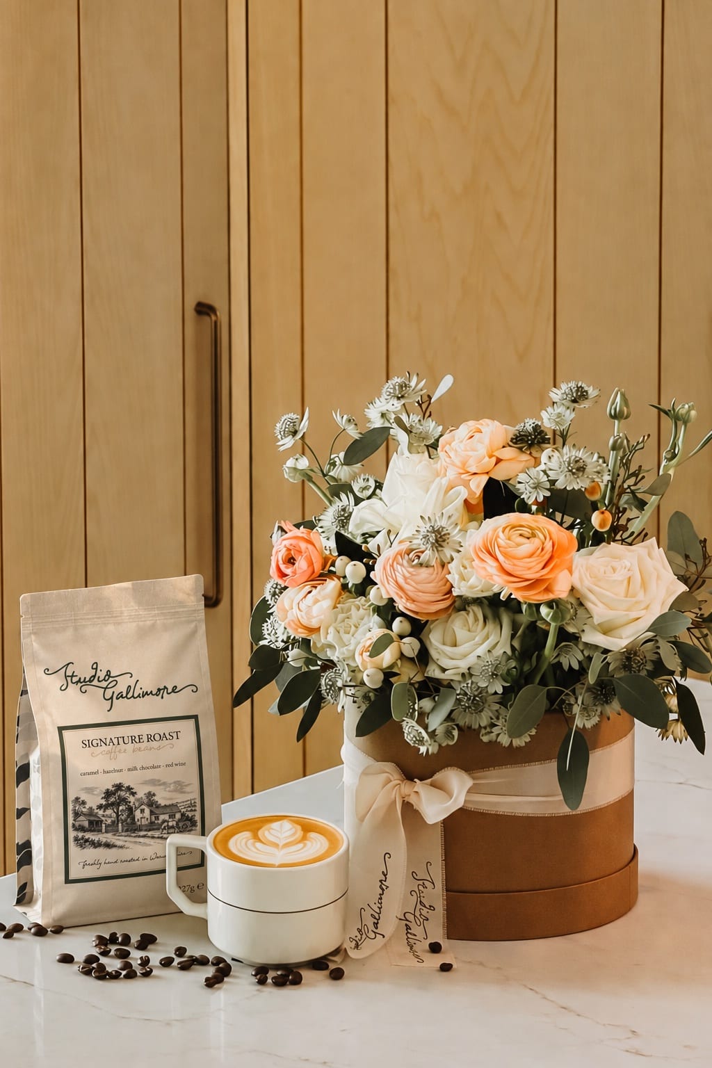 A 227 g bag of Studio Gallimore Signature Roast beside a hatbox arrangement of peach ranunculus and white roses, a cup of coffee with leaf art, and coffee beans scattered on marble.