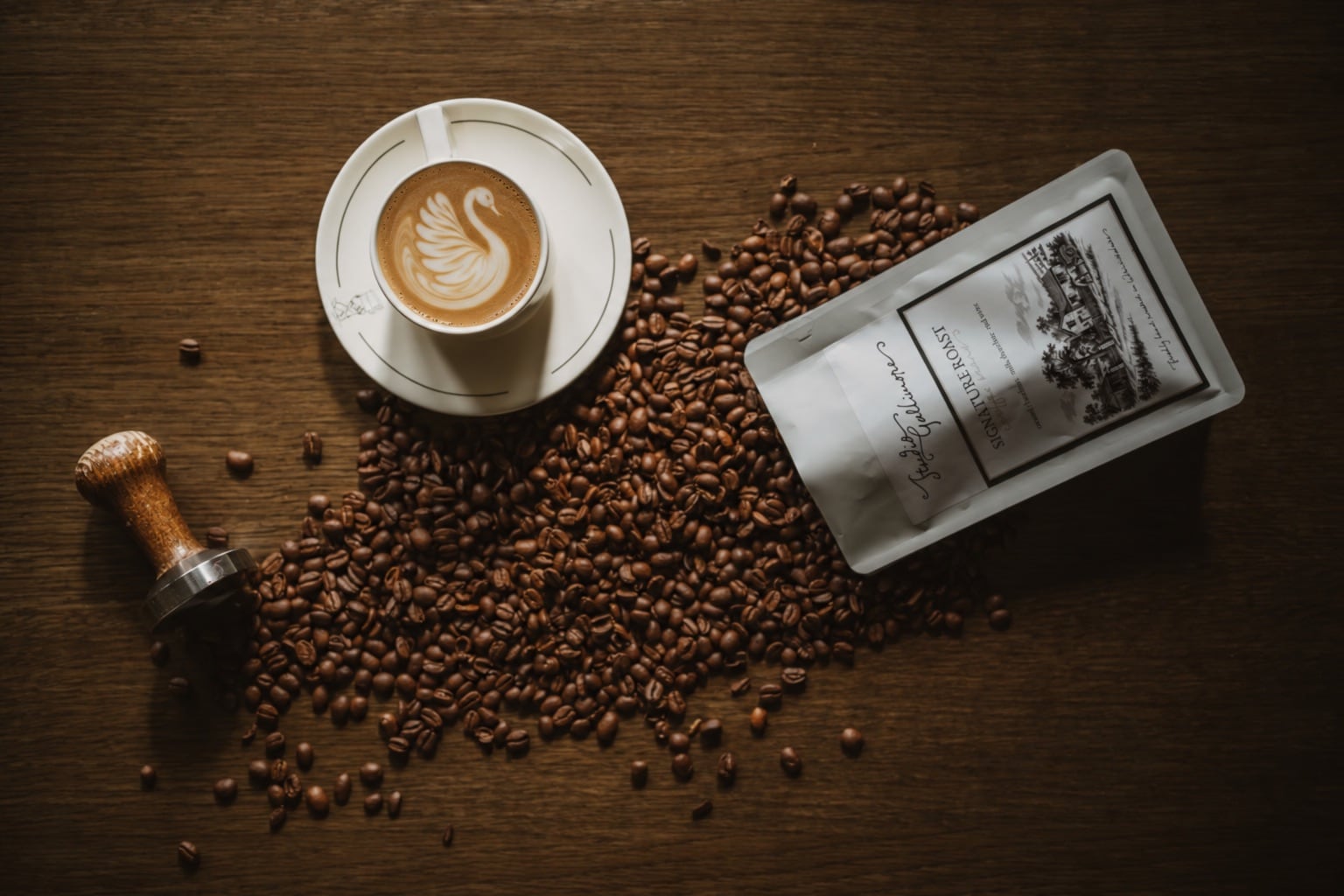 A cup of coffee with a swan in the foam on a saucer, a spill of roasted beans across a dark wooden table, a tamper beside them and a bag of Studio Gallimore Signature Roast lying on its side.