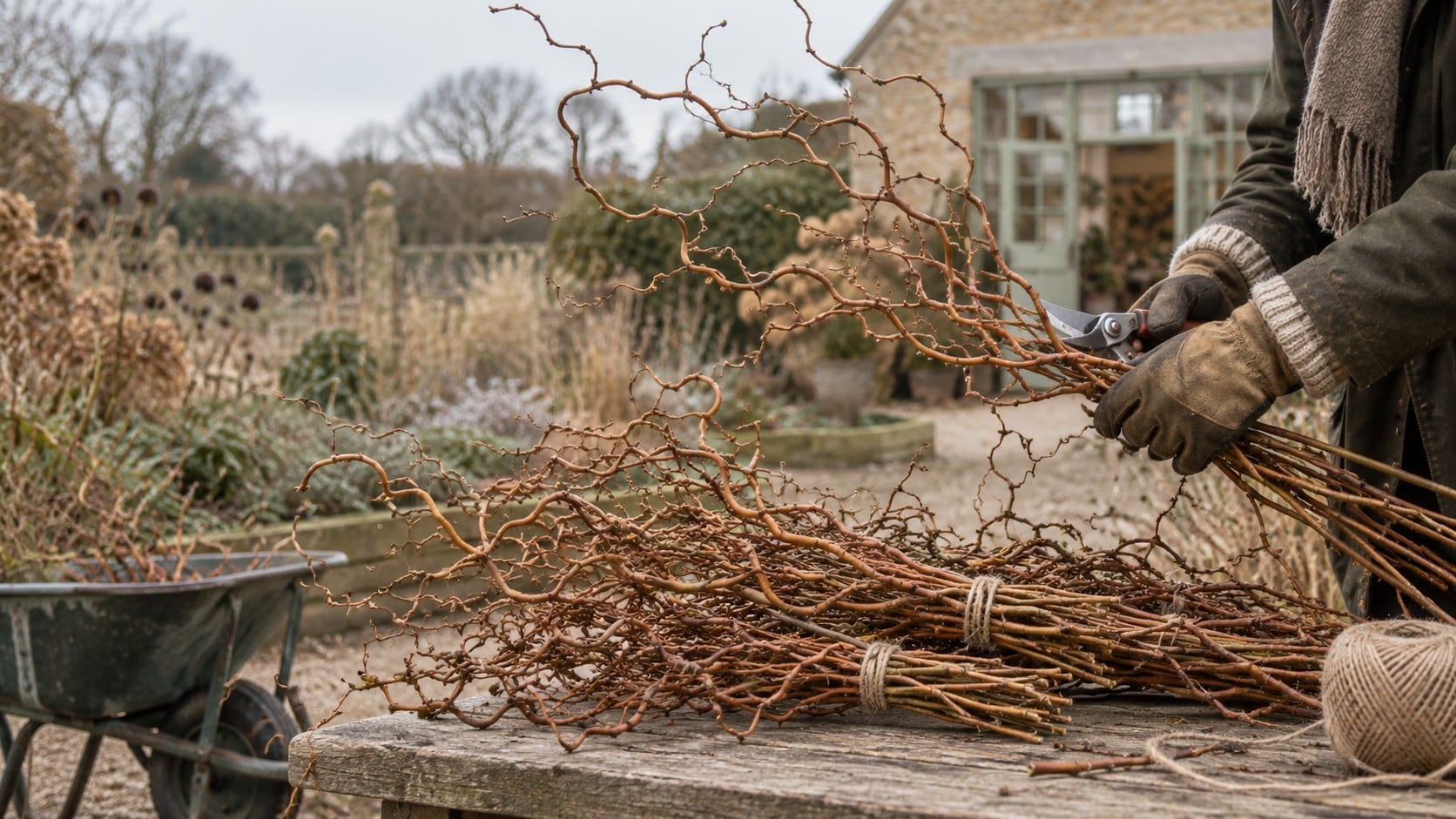 Gloved hands cutting contorted hazel and tying it into bundles with twine on a weathered table, a wheelbarrow and a stone house with sage-green doors behind, in winter.